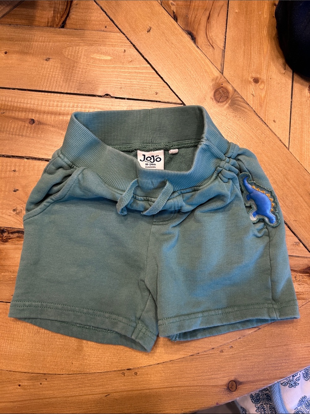 JoJo Maman Bebe Green Shorts with Blue Dinosaur Patch